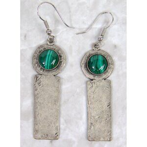 Vtg 90s Handmade Boho Hammered Metal Dangle Earrings Malachite 2.75" Art Nouveau